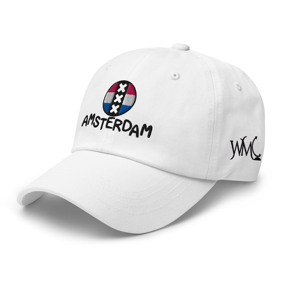 White Amsterdam classic cap with the Amsterdam flag outlined in a circle. The word AMSTERDAM sits below the flag.
