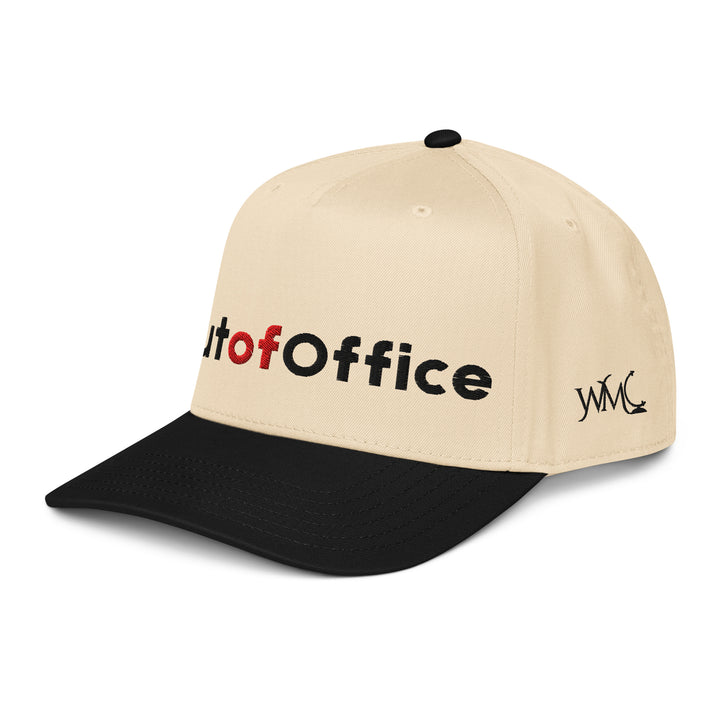 Five panel white Otto cap with the words Out Of Office embroidered on the front of the cap. The words Out and Office are in black font while the word of sits in the middle in red font.