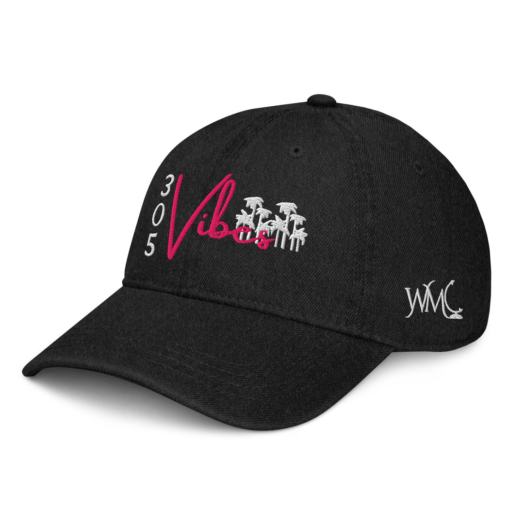 Miami themed black pigment-dyed denim cap featuring the Miami area code "305" next to the word "Vibes" in pink font. The design always includes palm trees embroidered in white. Great accessory for any upcoming Miami concerts.