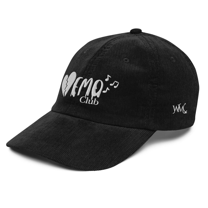 Channel that throwback angst with a laid-back twist. This black Emo Club corduroy cap is a nod to the ones who wore their hearts on their sleeves. On the front there is a broken heart, the letters "EMO Club" and three music notes are embroidered in white.