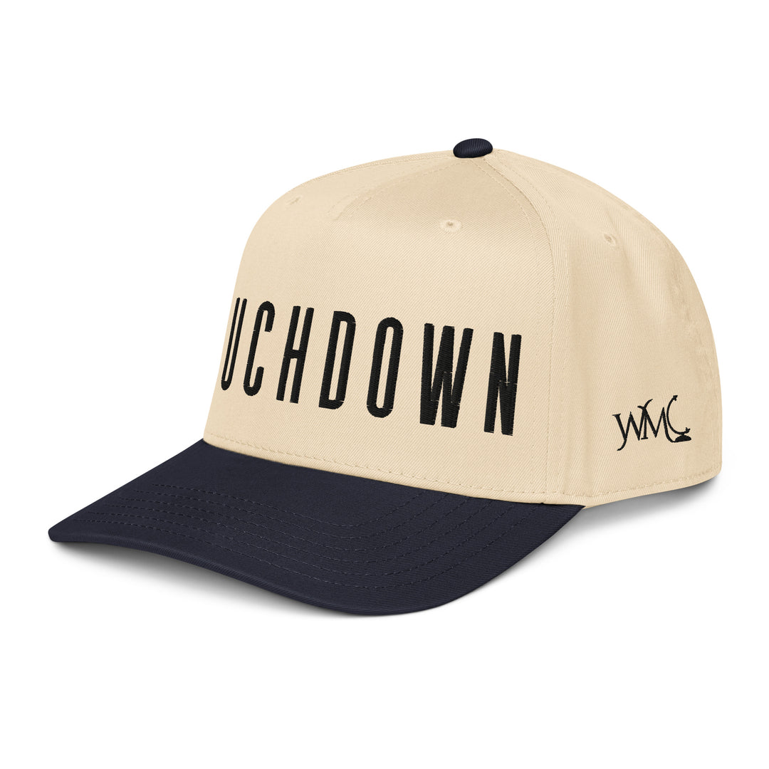Five panel Otto cap with the words "TOUCHDOWN" embroidered in black on the front. This cap features a black bill and a beige crown.