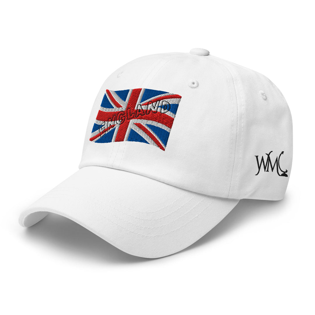 White classic cap with the flag of England embroidered on the front. Included in the design is the word "England" subtlety embroidered in black font.