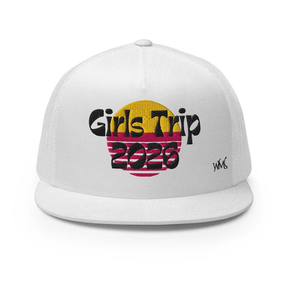 White Yupoong trucker cap with the words "Girls Trip 2026" embroidered in black font on the front of the cap.
