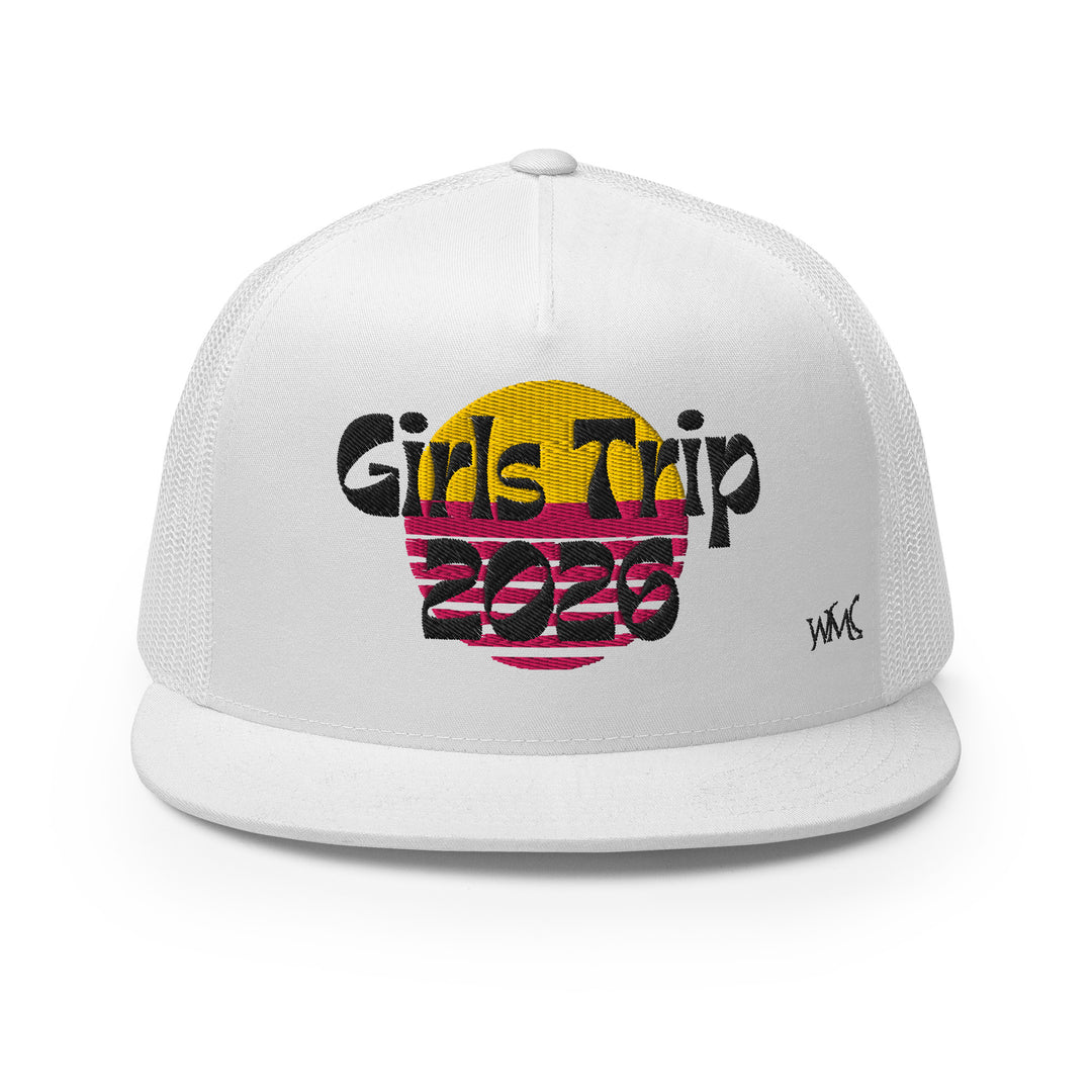 White Yupoong trucker cap with the words "Girls Trip 2026" embroidered in black font on the front of the cap.