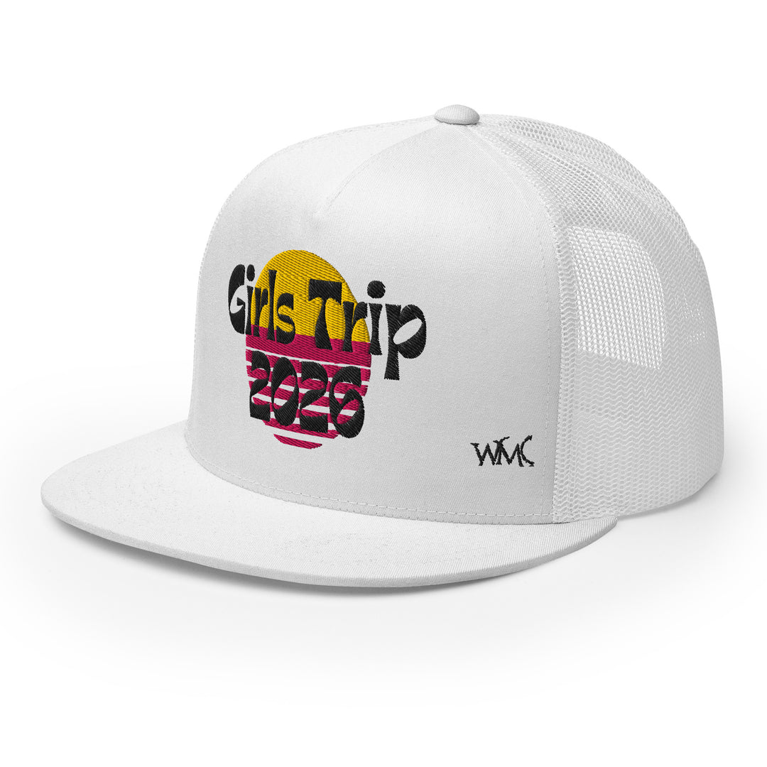 White trucker cap with the words "Girls Trip 2026" embroidered in black font against the backdrop of a sunset.