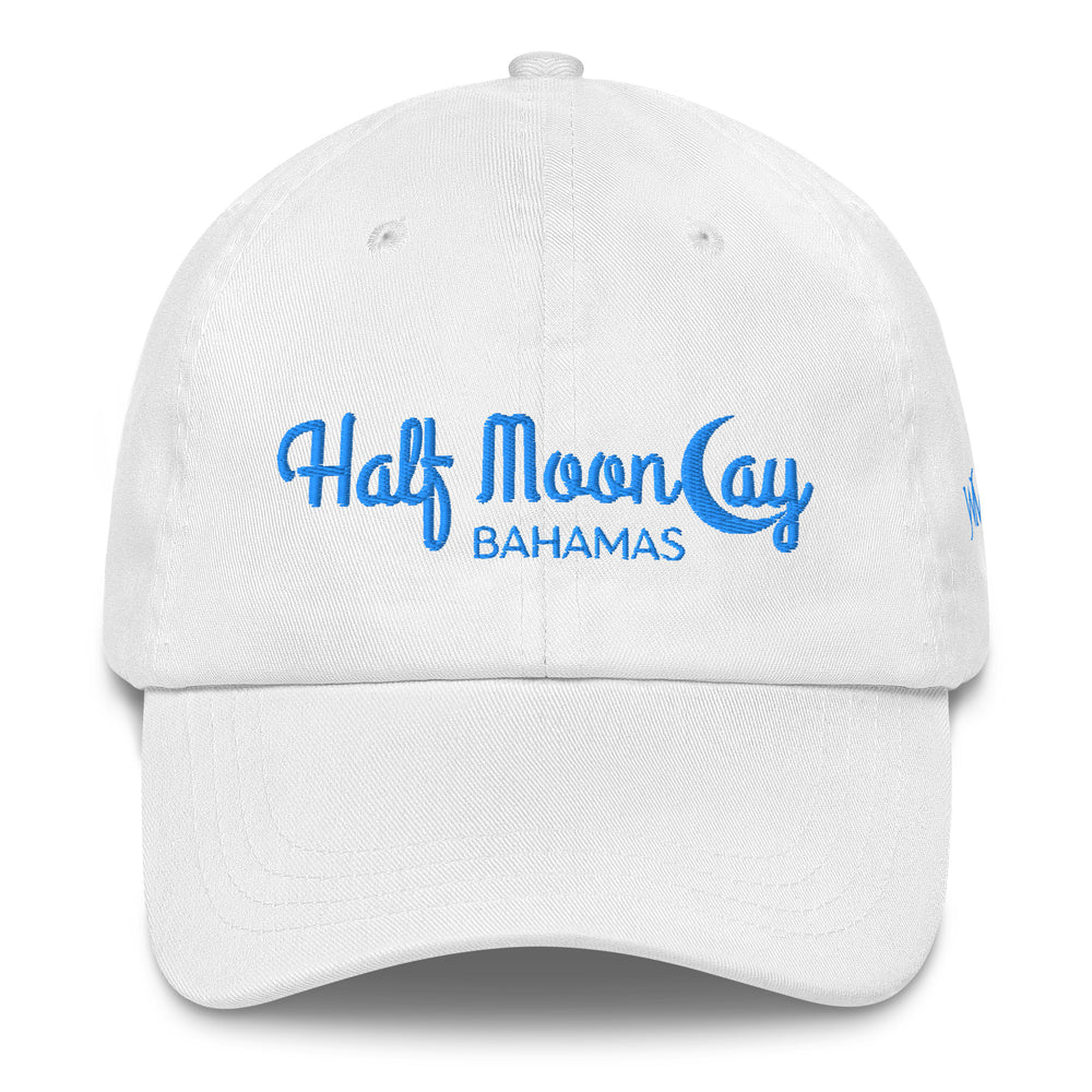 White classic cap with the words "Half Moon Cay" embroidered on the front. Below those words is the word "BAHAMAS." Great accessory for your next trip to the Bahamas.