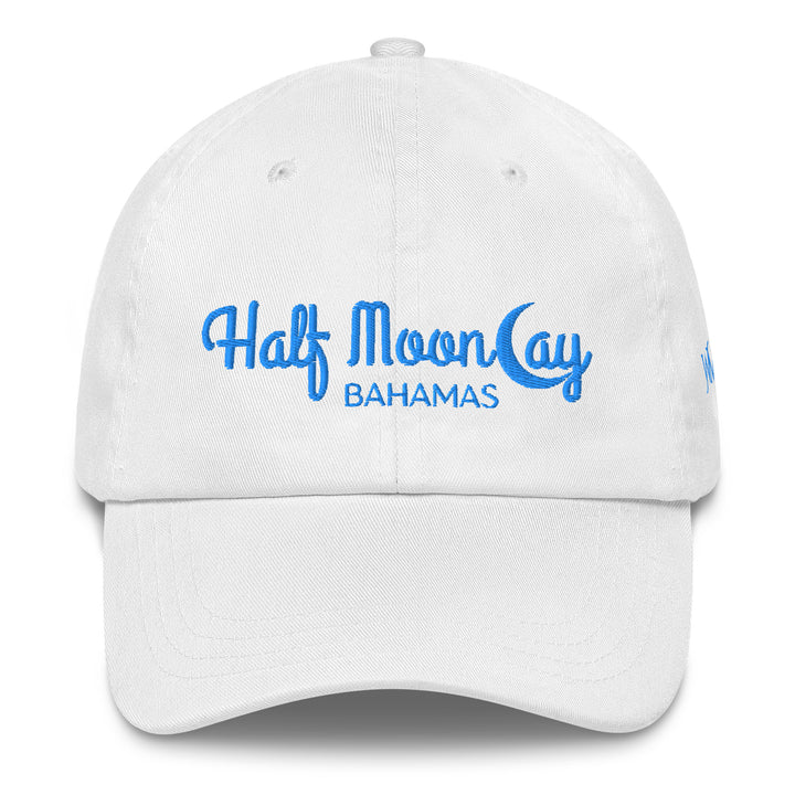 White classic cap with the words "Half Moon Cay" embroidered on the front. Below those words is the word "BAHAMAS." Great accessory for your next trip to the Bahamas.