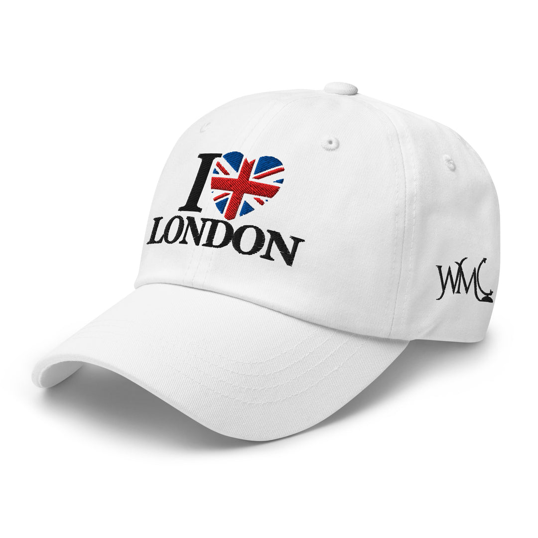 White classic cap with an expression of "I Love LONDON." The "love" is represented by the flag of England in the shape of a heart.