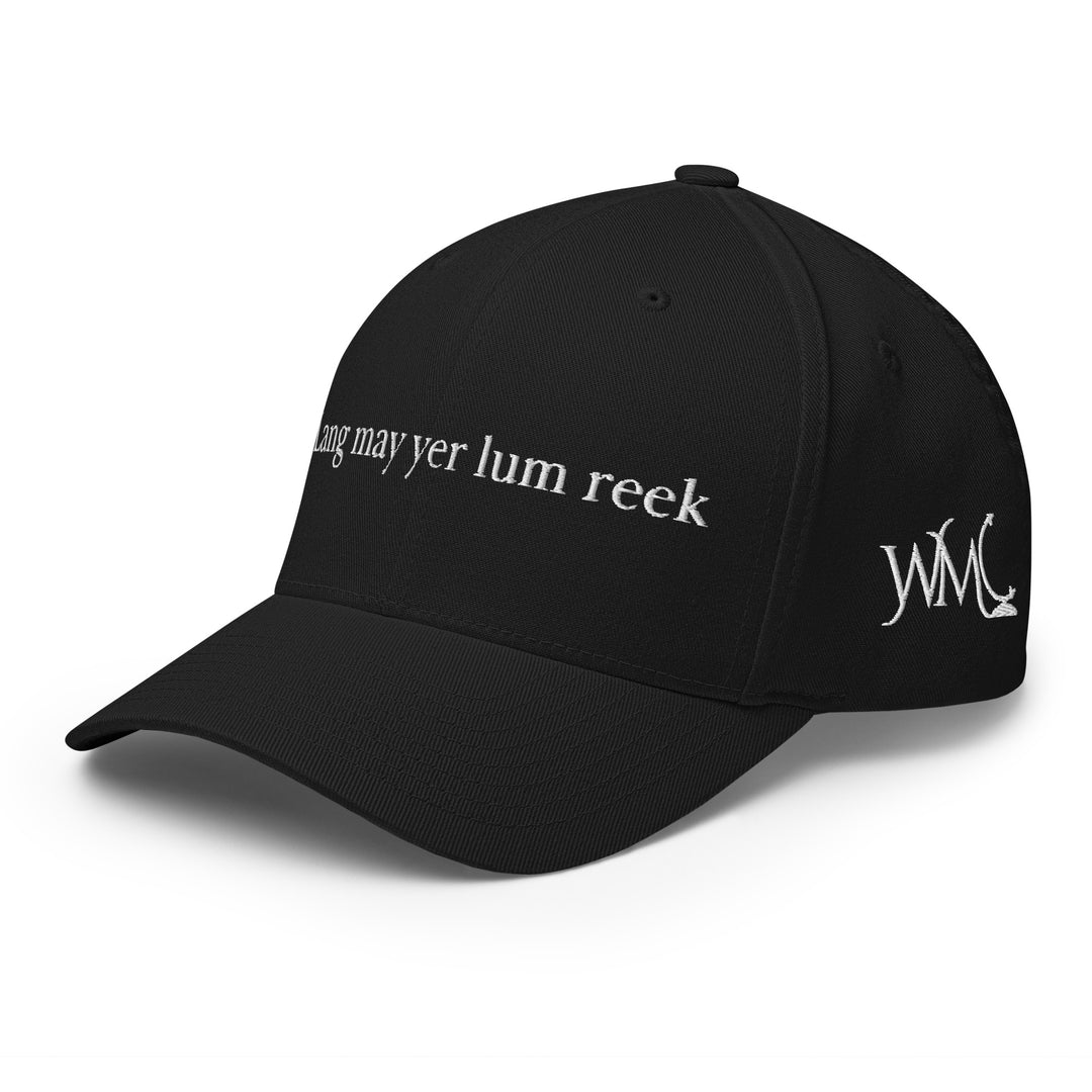 Classic Flexfit Yupoong black cap with the words "Lang may yer lum reek" embroidered in white font at the front of the cap.