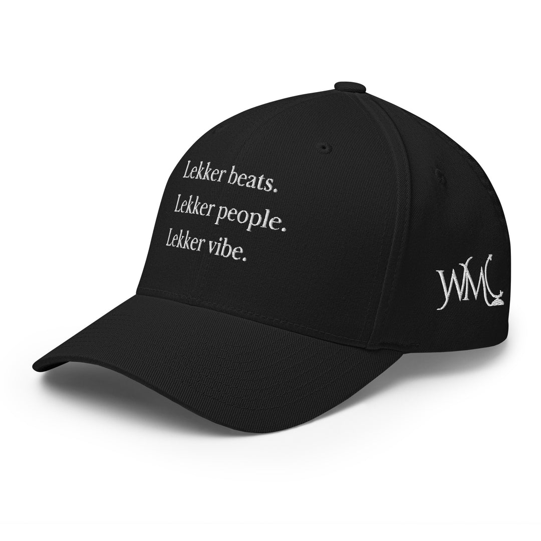 Classic Flexfit Yupoong black cap with the phrase "Lekker beats, Lekker people, Lekker Vibes" embroidered in white font at the front of the cap.