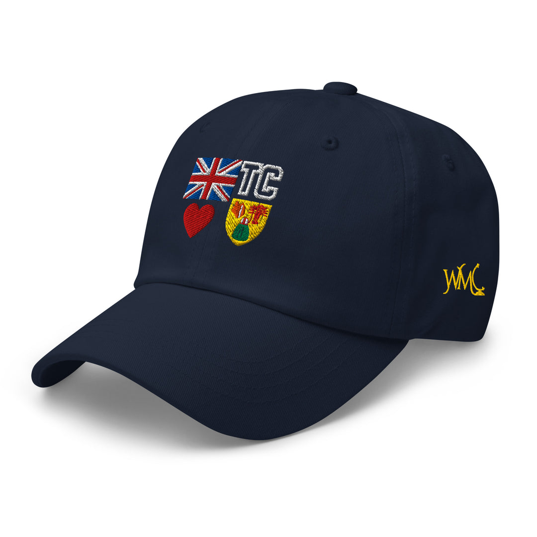 Navy blue classic cap with thte Turks and Caicos flag embroidered on the front.