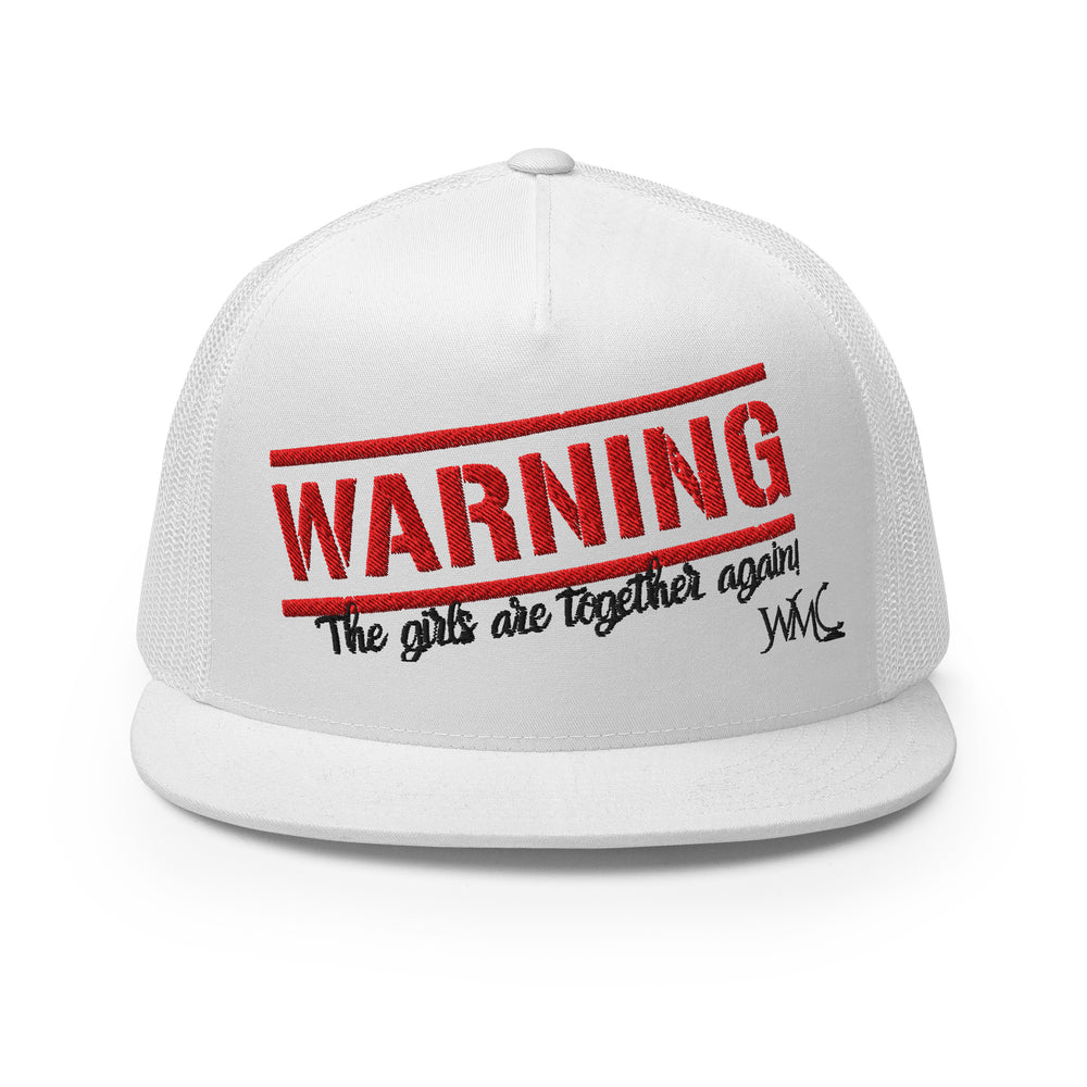 Warning, beware, watch out! Girls trip is on and the "Girls Are Together Again!" This white Yupoong trucker cap features the words "Warning, The Girls Are Together Again" embroidered on the front. The word WARNING is featured in a vibrant red enclosed by two diagonal red lines, while the phrase, "The Girls Are Together Again" is featured in black font.