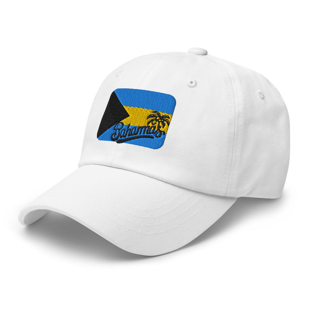 White classic cap with the Bahamas flag embroidered in the front. Great travel accessory for your next trip to the Bahamas