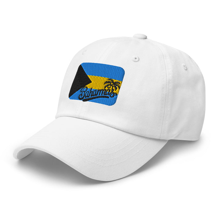 White classic cap with the Bahamas flag embroidered in the front. Great travel accessory for your next trip to the Bahamas