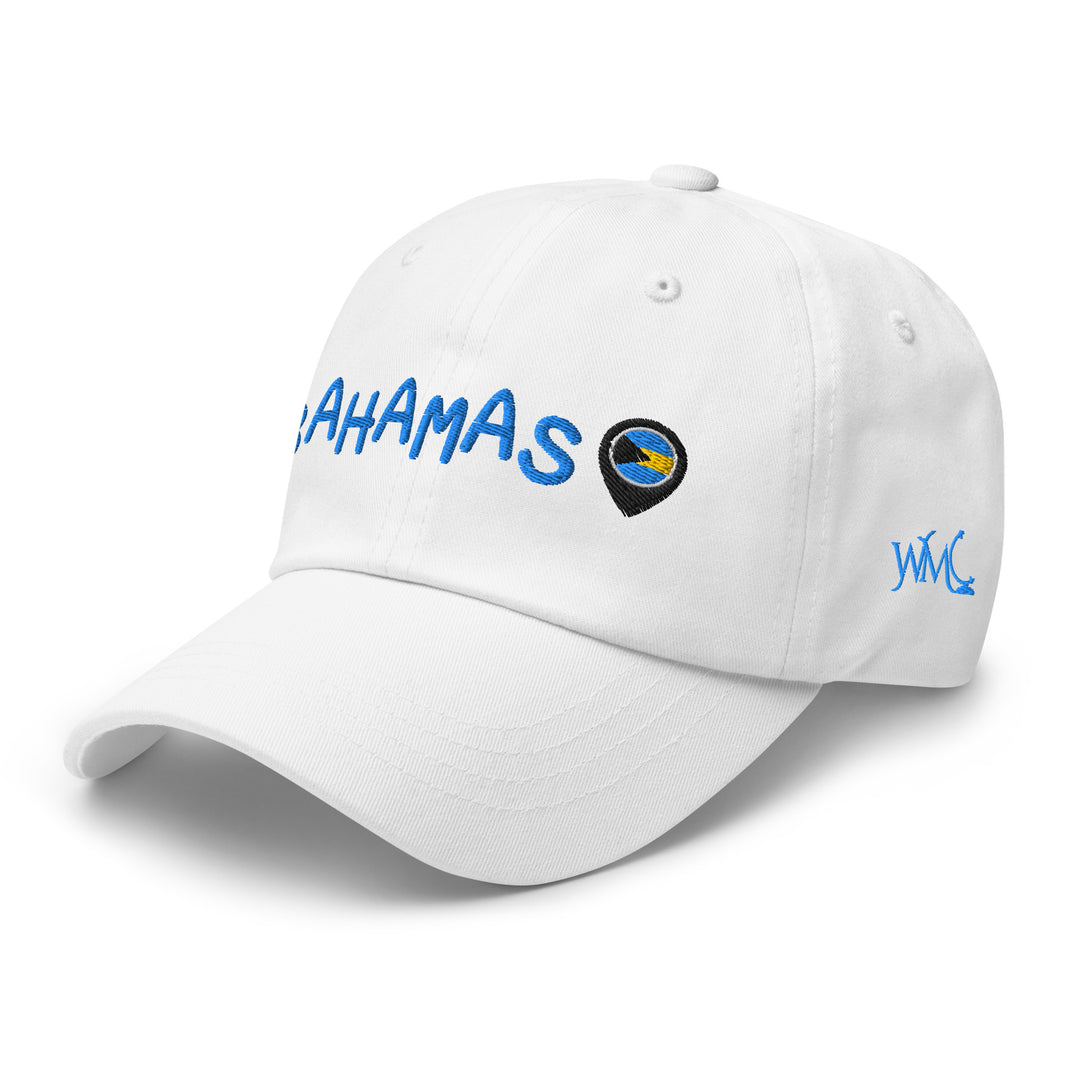700 islands and 2,400 cays - that's the makeup of Bahamas. This White Classic Cap features "Bahamas" elegantly embroidered in light blue font across the front, paired with a location icon showcasing the vibrant colors of the Bahamian flag. Perfect fit for those world travelers and those seeking sunny beaches while on vacation.