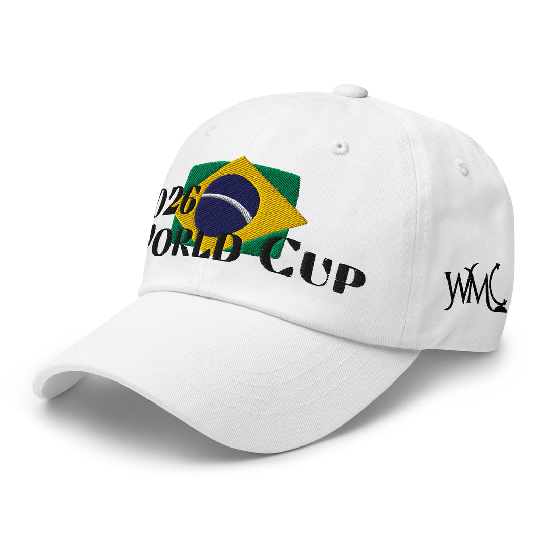 White classic cap with the Brazil flag and the words 2026 WORLD CUP embroidered on the front.