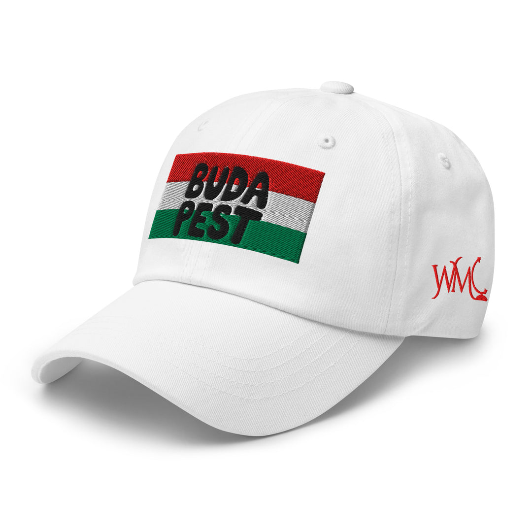 White classic cap with the word Budapest embroidered over an embroidered flag of Hungary.