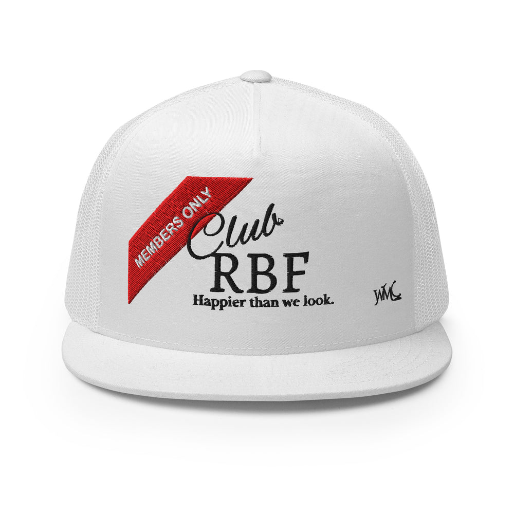 Grab one of these white trucker caps for your next Girls Day trip. On the front are the words "Club RBF, Happier thank we look" embroidered in black font. A red diagonal banner with the words "MEMBERS ONLY" in white is also included in the design.
