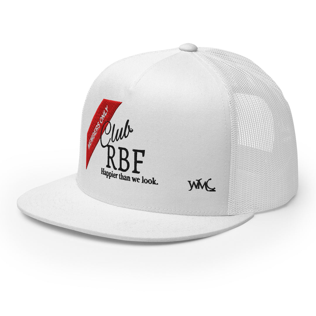 White trucker cap with the words "Club RBF, Happier thank we look" embroidered on the front in black font. A red diagonal banner with the words "MEMBERS ONLY" in white is also included in the design.
