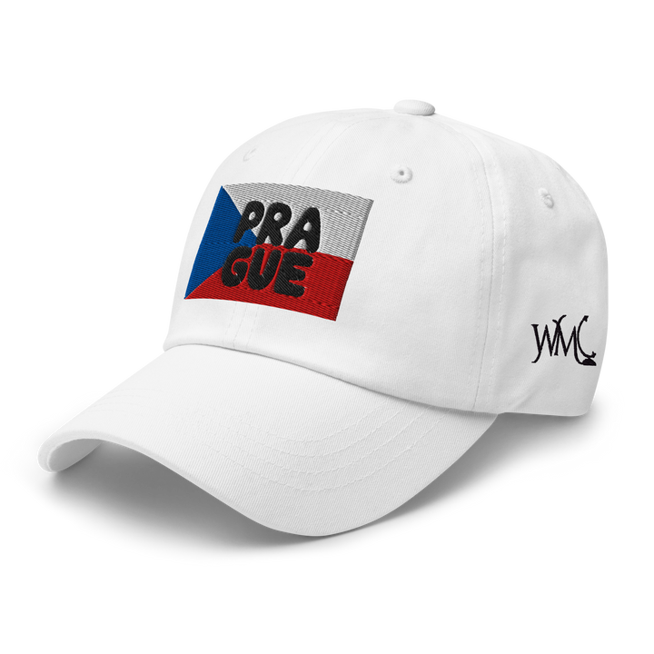 White classic cap with the word Prague embroidered over an embroidered flag of Hungary.