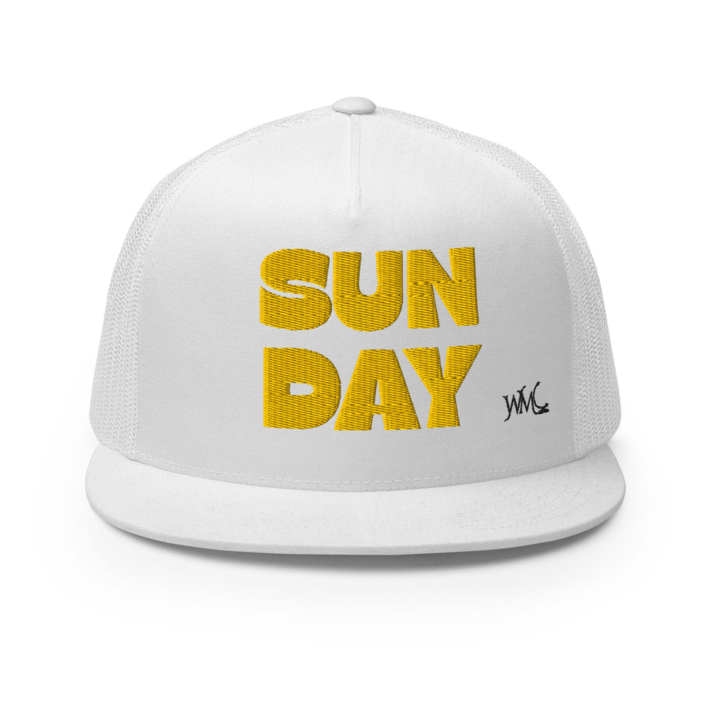 White trucker cap with the word SUN sitting on top of the word DAY, embroidered on the front in bold uppercase yellow font. This cap represents sun filled days while on your girls trip.