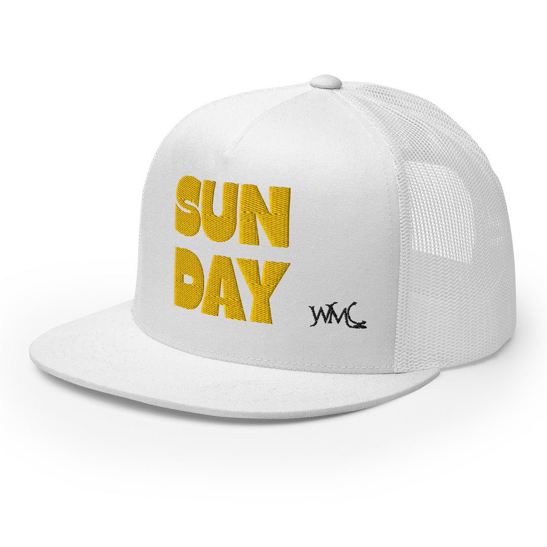 White trucker cap with the words SUN and DAY embroidered on the front in bold uppercase yellow font. The word SUN sits on top of the word DAY representing sun filled days while on your girls trip.