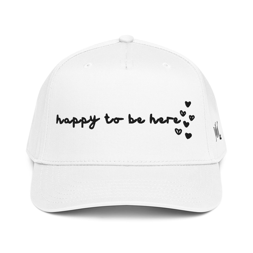 Five panel white Otto cap with the words Happy To Be Here embroidered in black font on the front of the cap. Built on a classic 5-panel Otto cap, it has that structured front and comfortable fit that hat lovers appreciate. It’s lightweight, easy to wear, and effortlessly cool for everyday adventures.