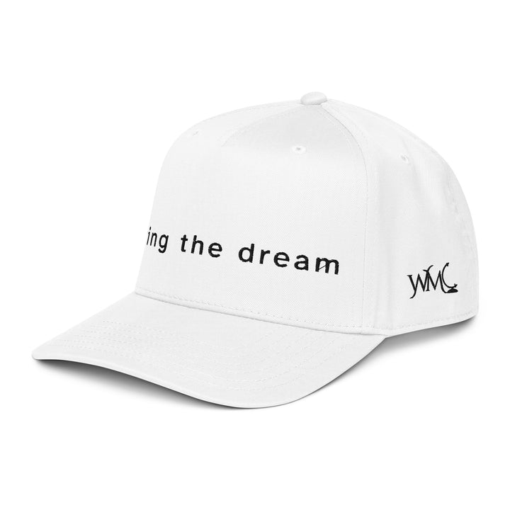 White five panel Otto cap with the words living the dream embroidered in black font on the front of the cap.